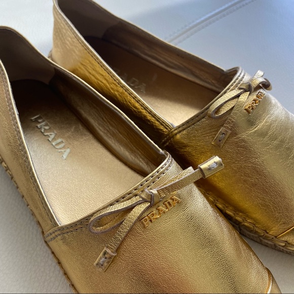 NWOT Prada Gold Metallic Leather Cap-Toe Flat Espadrille - Picture 9 of 15